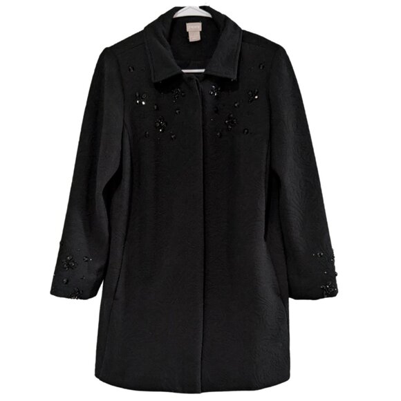 Chico's Women's Beaded Coat Black Size 1 (Small), Textured Pattern, Pleated Back - Picture 1 of 15